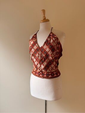 Vintage Indian Mirror Work Embroidered Halter Top Open Back XS-S